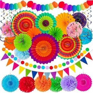 35PCS Fiesta Paper Fan Party Decorations Set - Cinco De Mayo Pom Poms, Pennat
